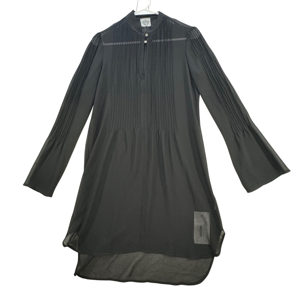 SW3 Bespoke Sheer Dress Womens Small Black Pintuck Chiffon Goth side slit tunic